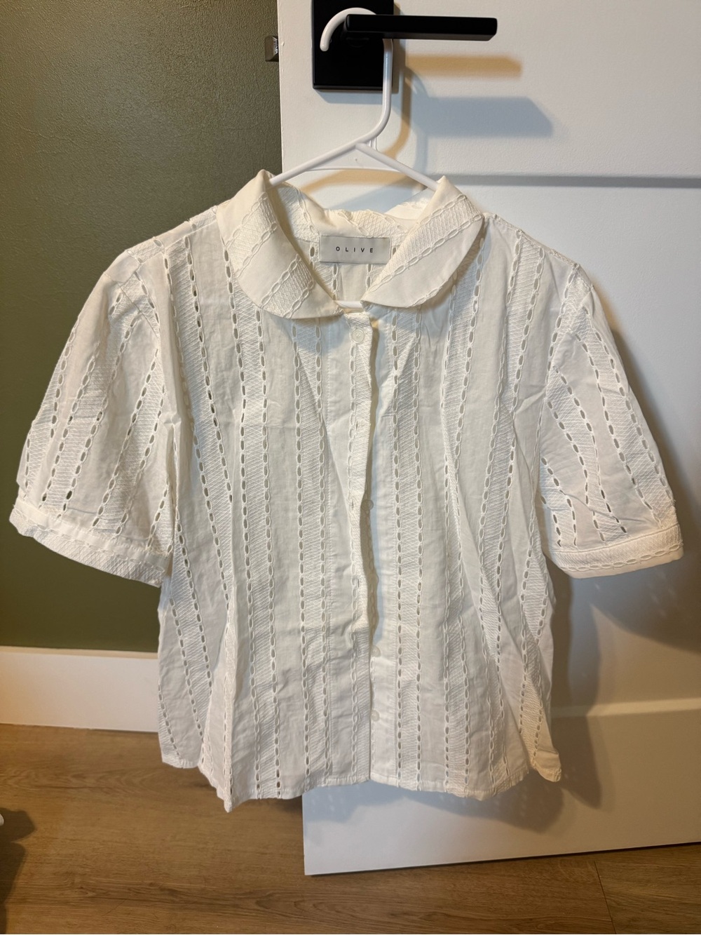 Olive White Eyelet Button-Down Short Sleeve Blouse